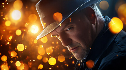 Banner showing a mysterious man wearing a hat surrounded by glowing golden bokeh lights chilling the night