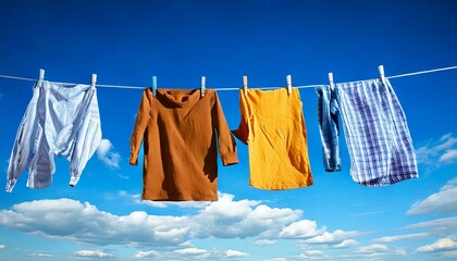 Washed clothes drying on a washing line against a blue sky