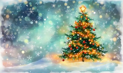 Naklejka premium Decorated Christmas Tree Winter Wonderland Scene