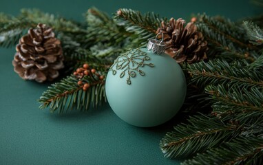beautiful ornament on christmas tree on green christmas background 