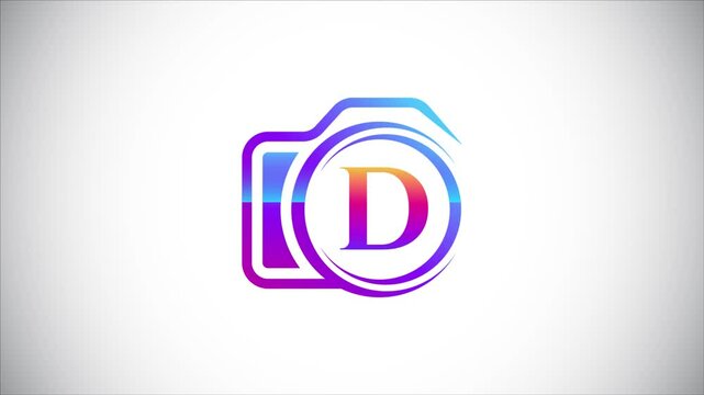 Animated logo reveal featuring a gradient camera and letter D in circle.
