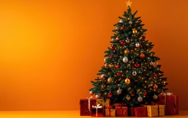 beautiful cozy christmas tree with gifts and decorated garland with lights and ornaments on orange christmas background 