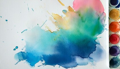 Abstract watercolor painting in vibrant blues, greens, and yellows.