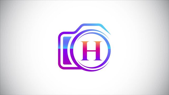 Elegant H Letter Logo Design: Gradient Circle and Camera Icon Animation on Clean White Background