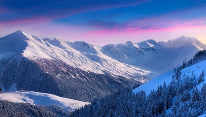 Majestic snow-capped mountains at sunset. Breathtaking winter landscape.