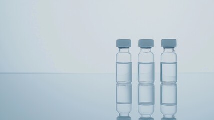 Close-up of small glass vials filled with clear liquid, aligned on a reflective white surface, highlighting their transparency and reflections, suitable for medical and pharmaceutical themes.