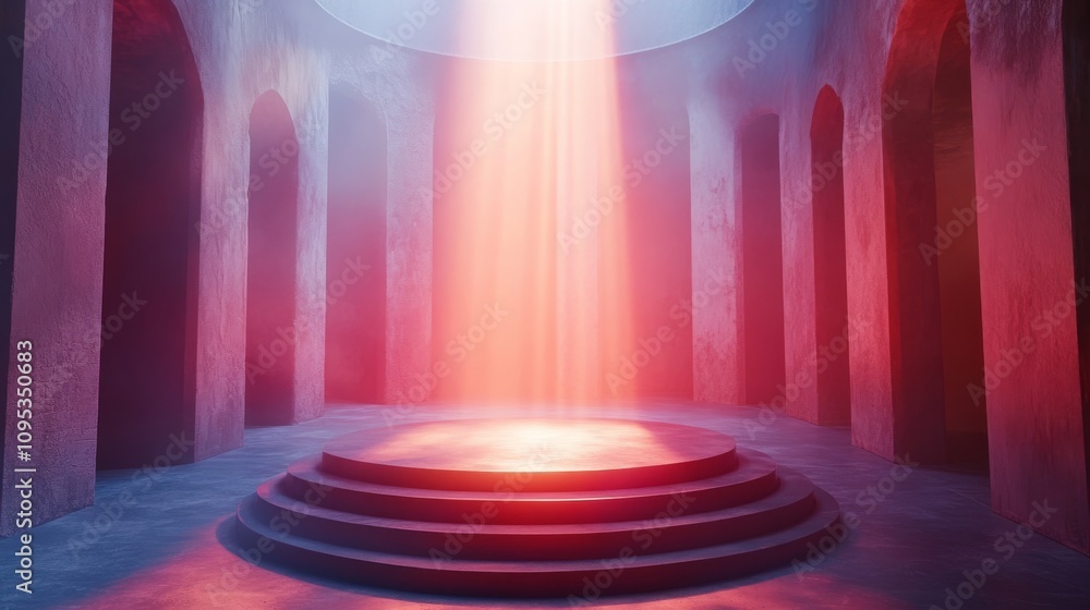 Poster red light illuminates circular platform in ancient structure