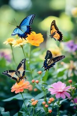 Colorful butterflies fluttering amidst vibrant flowers.