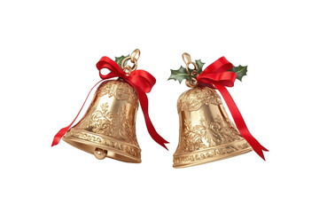 Two golden bells with red ribbons and holly.