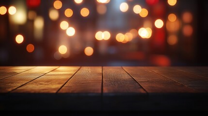 Wooden Tabletop With Warm Bokeh Lights Background