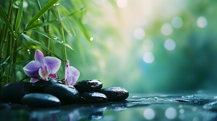 A serene spa background with bamboo, orchid flowers, and black rocks for relaxation