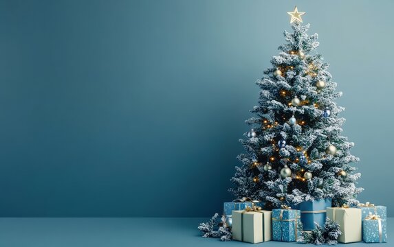 beautiful cozy christmas tree with gifts and decorated garland with lights and ornaments on blue christmas background 