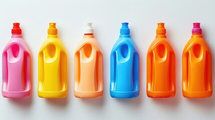 Assorted plastic detergent bottles in a range of colors, placed side by side against a white backdrop