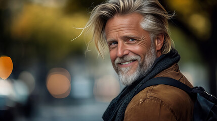Banner with smiling man wearing brown jacket outdoors showing joyful personality in softly blurred urban street background