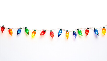 Colorful string lights on white background.