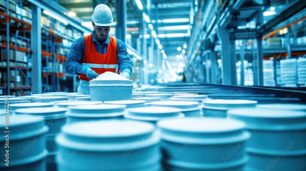 Poster industrial worker filling buckets with white powder in factory setting