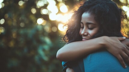 The embrace of a counselor comforting a survivor of human trafficking, symbolizing support and rehabilitation, photography style
