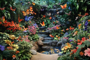 Obraz premium Lush garden with waterfall, vibrant flowers, butterflies.