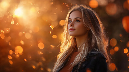 Banner female character smiling amidst glowing autumn leaves with vibrant sunset colors in the background image scene