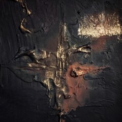 Naklejka premium Contemporary high texture abstract painting in natural gold dark brown background composition