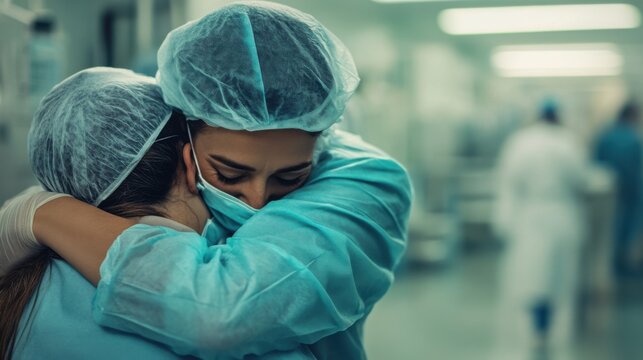The embrace of a healthcare worker comforting a patient, symbolizing compassion in healthcare settings, photography style