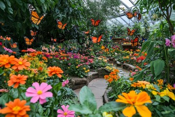Obraz premium Butterflies flutter amidst vibrant flowers in a greenhouse.