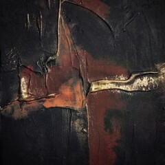 Contemporary high texture abstract painting in natural gold dark brown background composition