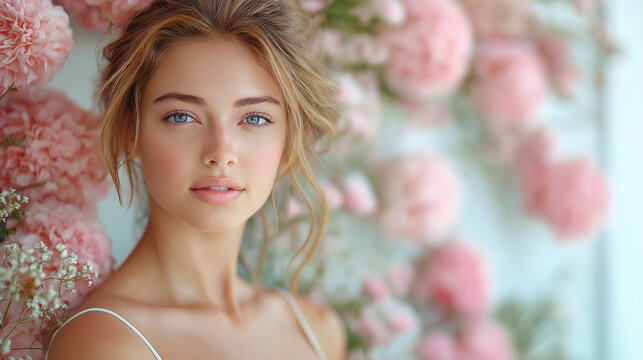 Beautiful model woman with curly hairstyle , background wall of flowers . Skin Care, beauty and spa