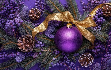 beautiful ornament on christmas tree on purple christmas background 