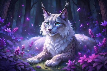 lynx in the cherry purple flowers, generative ai, ai generated