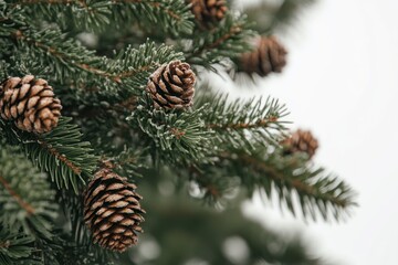 Frosty Pine Branches With Brown Cones