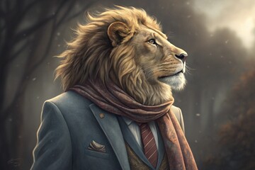 regal lion wearing a fitted blazed and scarf, generative ai, ai generated