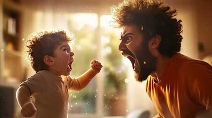 Banner showing joyful moment between playful father and enthusiastic child expressing excitement home interior lively