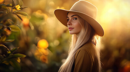 Banner with woman wearing wide-brimmed hat amid flowers, surrounded golden blooms, captivating natural scenes, serene atmosphere, colorful floral background