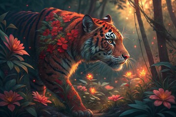 tiger with vibrant red floral markings, generative ai, ai generated
