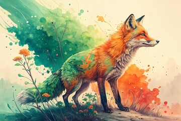 watercolor of a fox in shades of orange and green, generative ai, ai generated