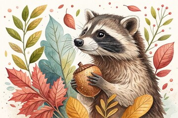a vibrant watercolor of a raccoon, generative ai, ai generated