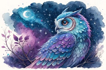 watercolor owl with vivid blue and purple feathers, generative ai, ai generated