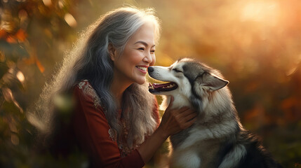 Banner depicting warm affection older woman cherishing time with her dog amidst lush autumn landscape full of colors