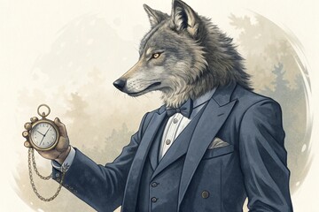 wolf in a suit looking at the clock, generative ai, ai generated