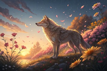 wolf in the beautiful nature at the sunset, generative ai, ai generated