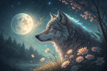 wolf howling at night with flowers, generative ai, ai generated