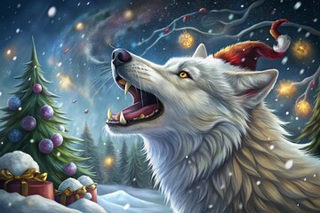 wolf with silver fur in christmas decoration, generative ai, ai generated