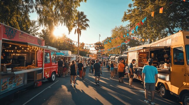 Sunny outdoor food truck festival with people enjoying diverse cuisines.