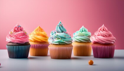 Colorful and sweet cupcakes on a pink table; delicious and tasty cupcakes with multiple flavors with sprinkles of chocolate; food photography; top angle view; cupcakes with icing sugar; chocolate