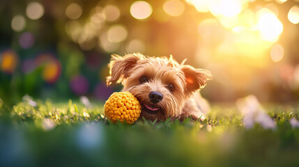 Banner showcasing adorable puppy with yellow ball on lush green grass, sunlight creating a dreamy backdrop