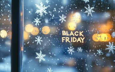 Naklejka premium Frosted Window Scene A frosted window with tiny snowflakes, showing a glowing 