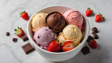 Top view ice creams scoops that various flavor in white bowl isolated on background, dessert sweet scoop of chocolate, strawberry, and vanilla.
