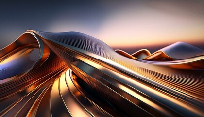 Futuristic art made of metallic and chrome sculptures and shapes; conceptual and abstract art of metal and steel; ultra modern chrome structures with a hint of orange glow; art photography; wallpaper