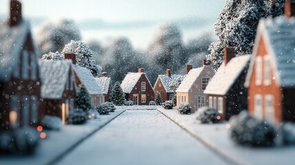 Fototapeta premium Charming Winter Village Scene with Snow-Covered Houses Nestled in a Picturesque Landscape, Evoking a Serene and Peaceful Atmosphere during the Winter Season